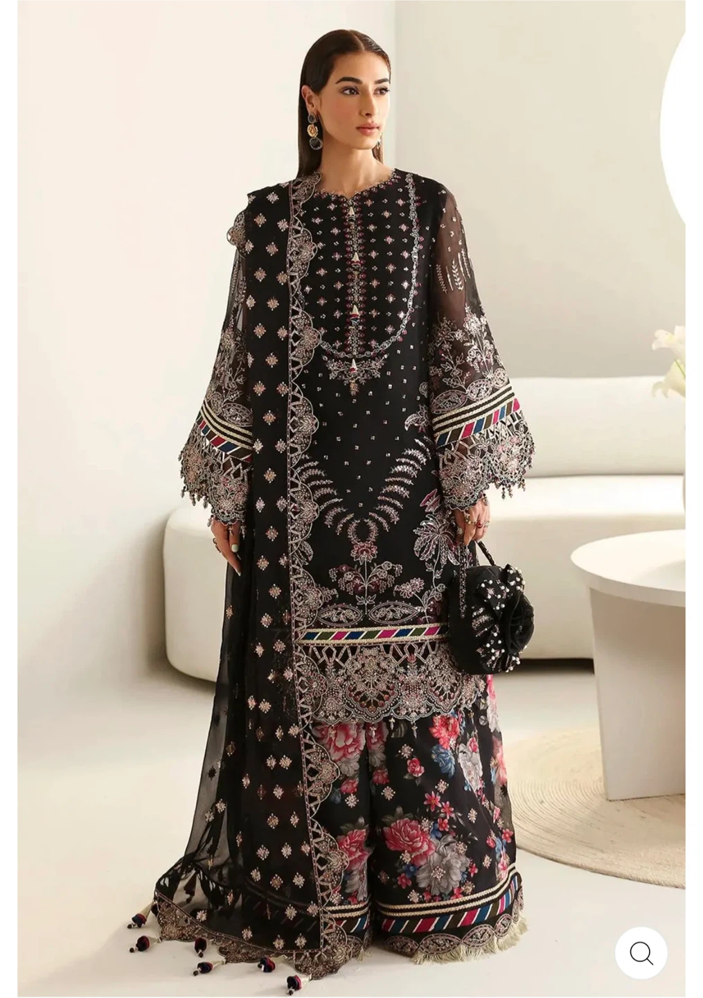 Black Embroidered Suit with Floral Pants