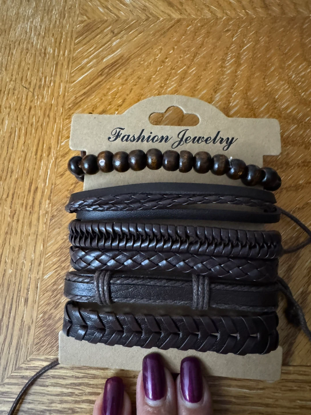 Brown Leather & Wood Beaded Bracelet Set