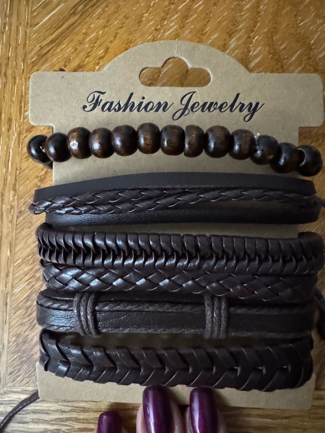 Brown Leather & Wood Beaded Bracelet Set - photo 2