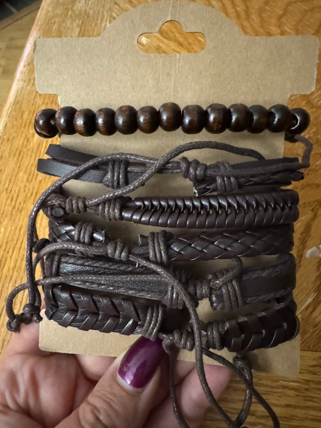Brown Leather & Wood Beaded Bracelet Set - photo 3