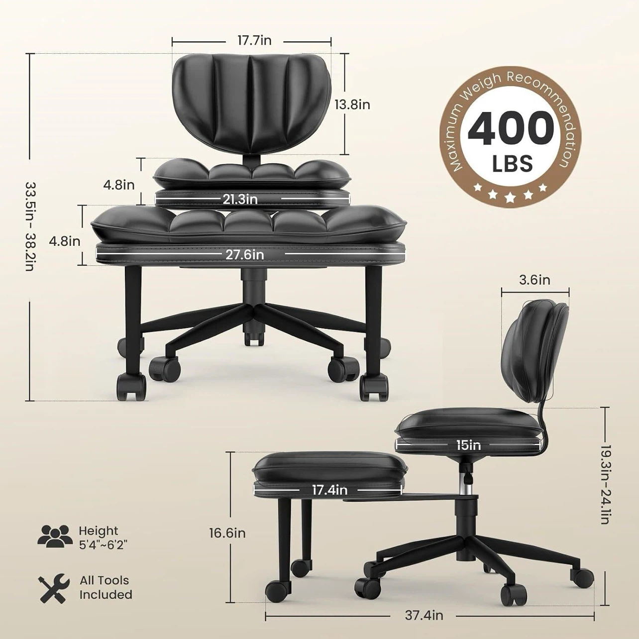 Black Ergonomic Kneeling Chair with Back Support - photo 2