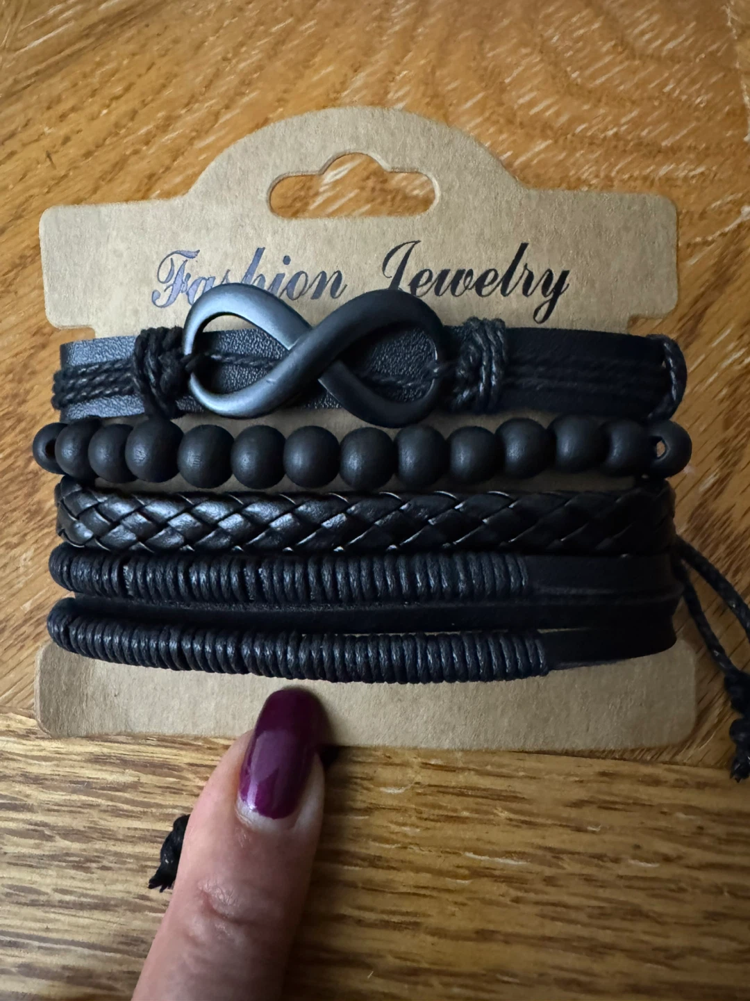 Black Leather and Beaded Bracelet Set with Infinity Symbol
