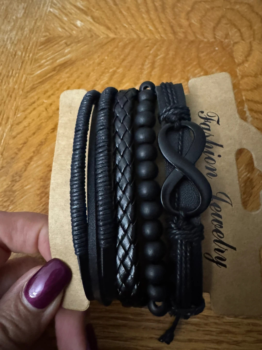 Black Leather and Beaded Bracelet Set with Infinity Symbol - photo 3