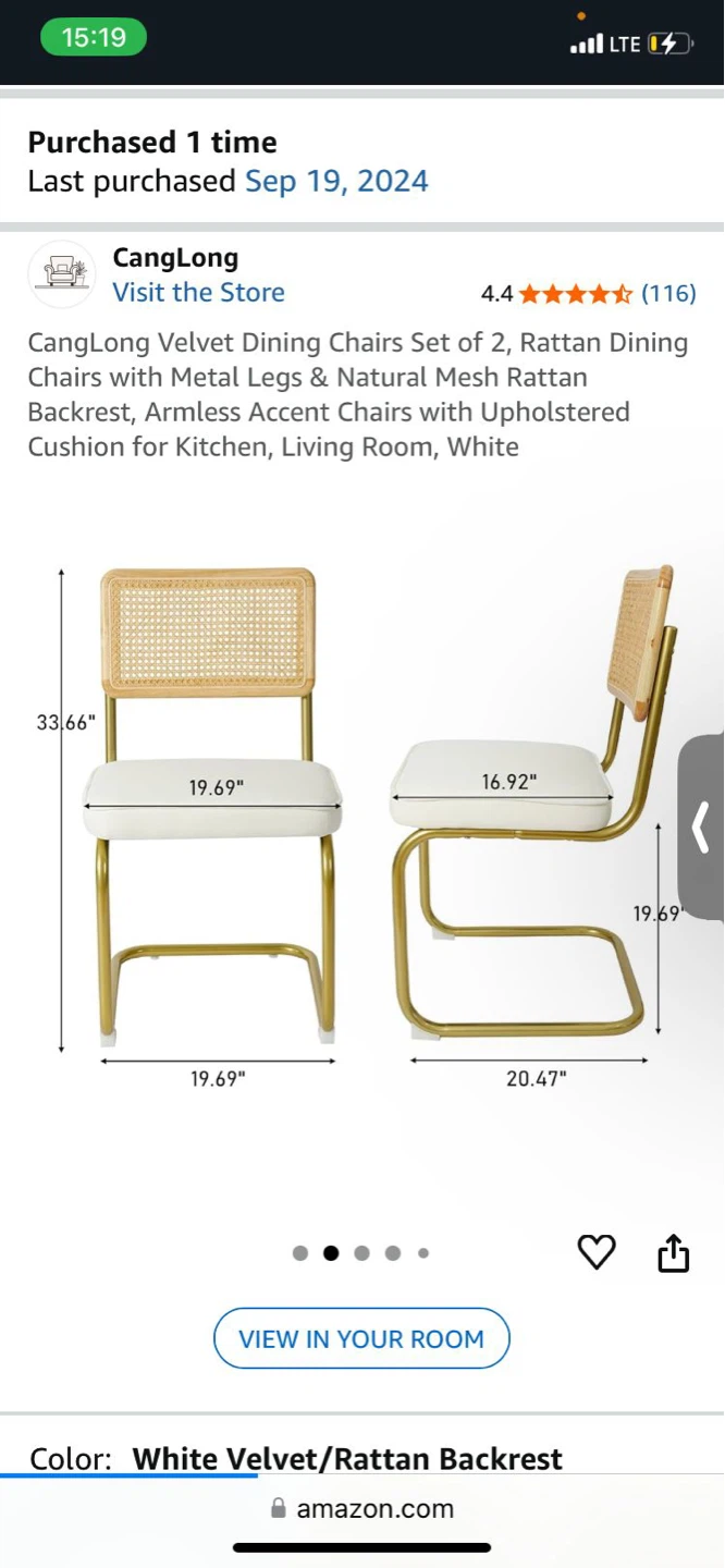 CangLong Velvet Dining Chairs (Set of 2) - White Rattan Back - photo 2