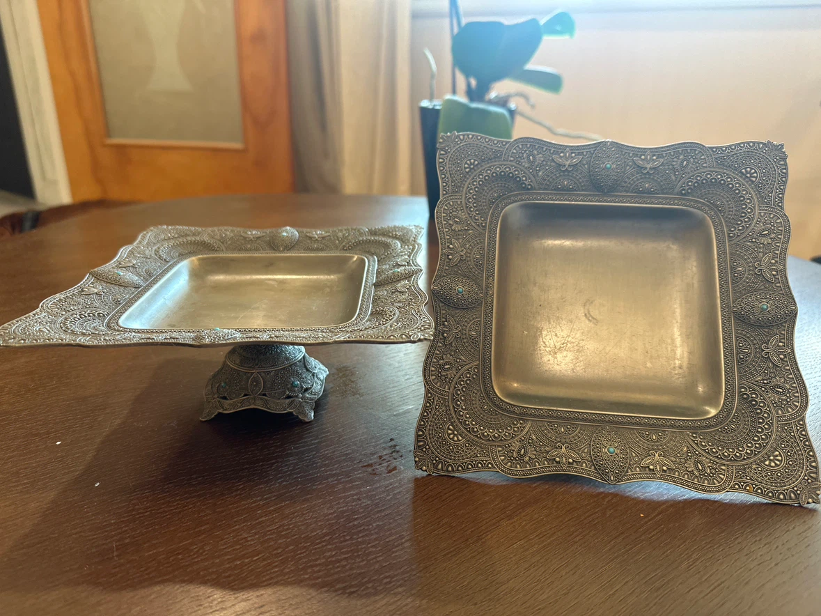 Set of 2 Ornate Silver-Tone Serving Trays