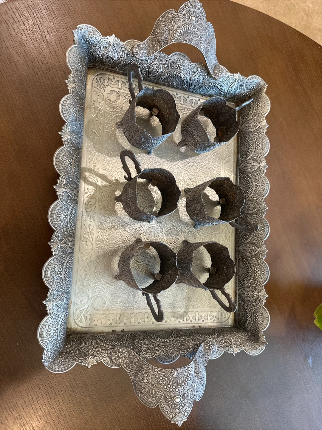 Ornate Silver Tone Serving Tray with 6 Cups tray - photo 2