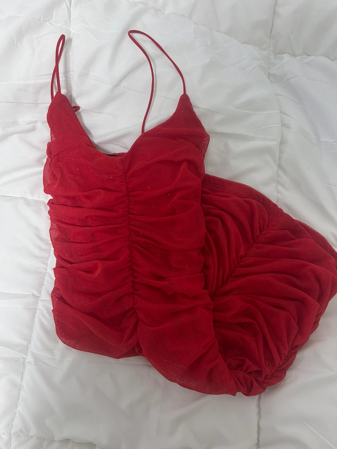 Red Ruched Mesh Mini Dress