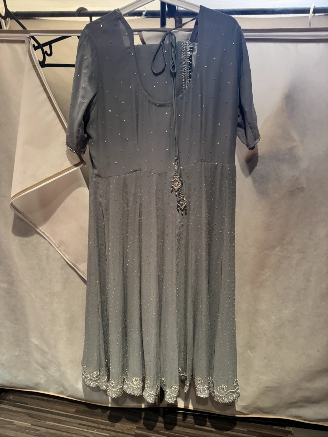 Grey Embroidered Anarkali Suit Set