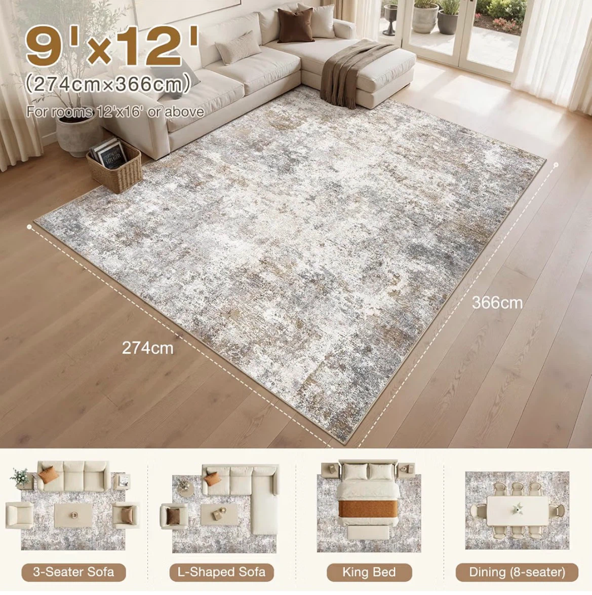 9'x12' Machine Washable Area Rug - Brown Grey - photo 2