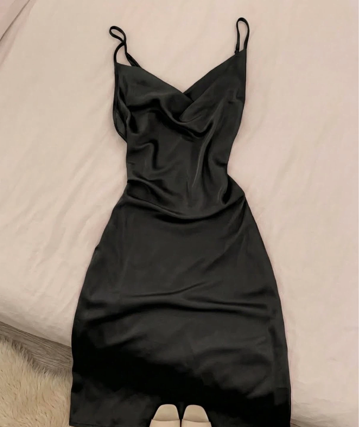Black long fitted satin slip dress
