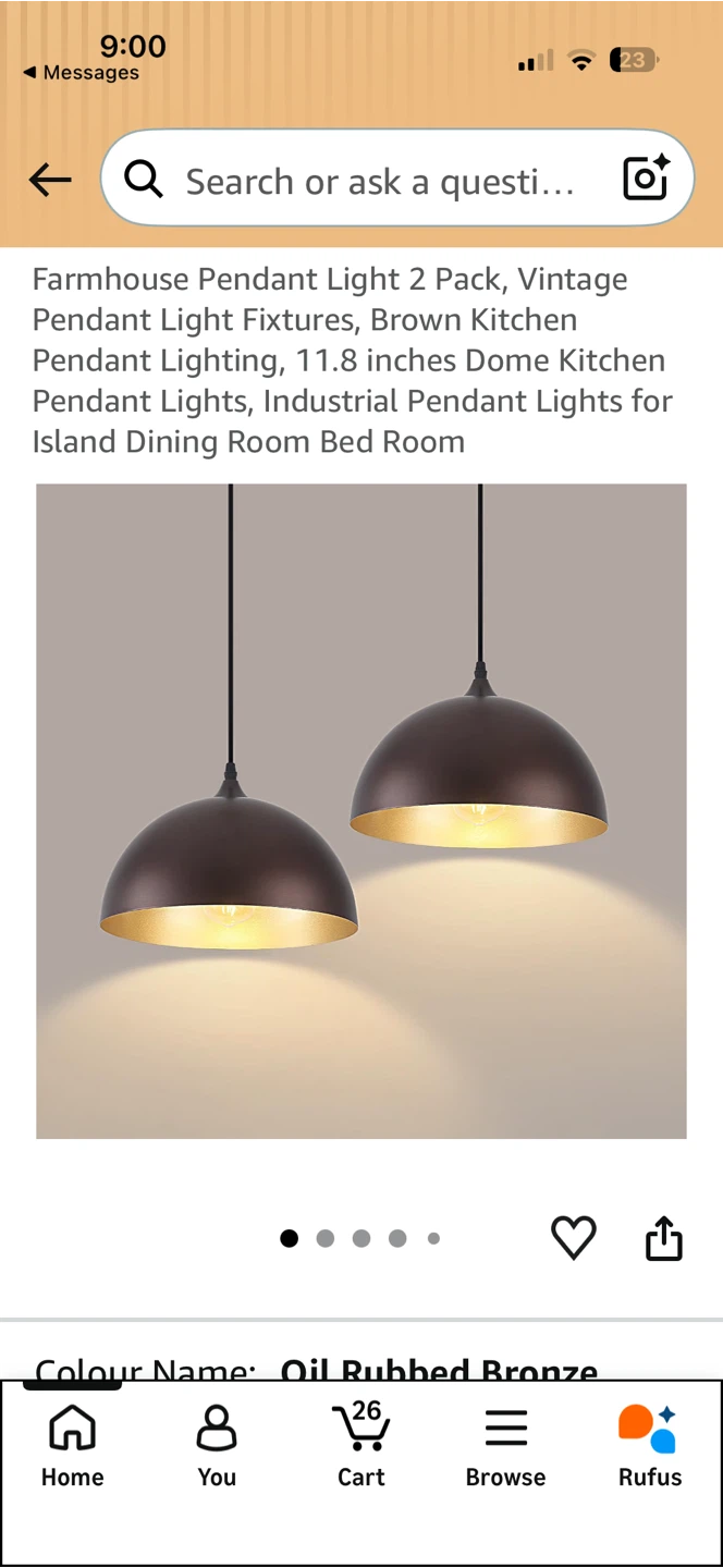 Set of 2- Pendant Light Fixture - Black/Gold Dome