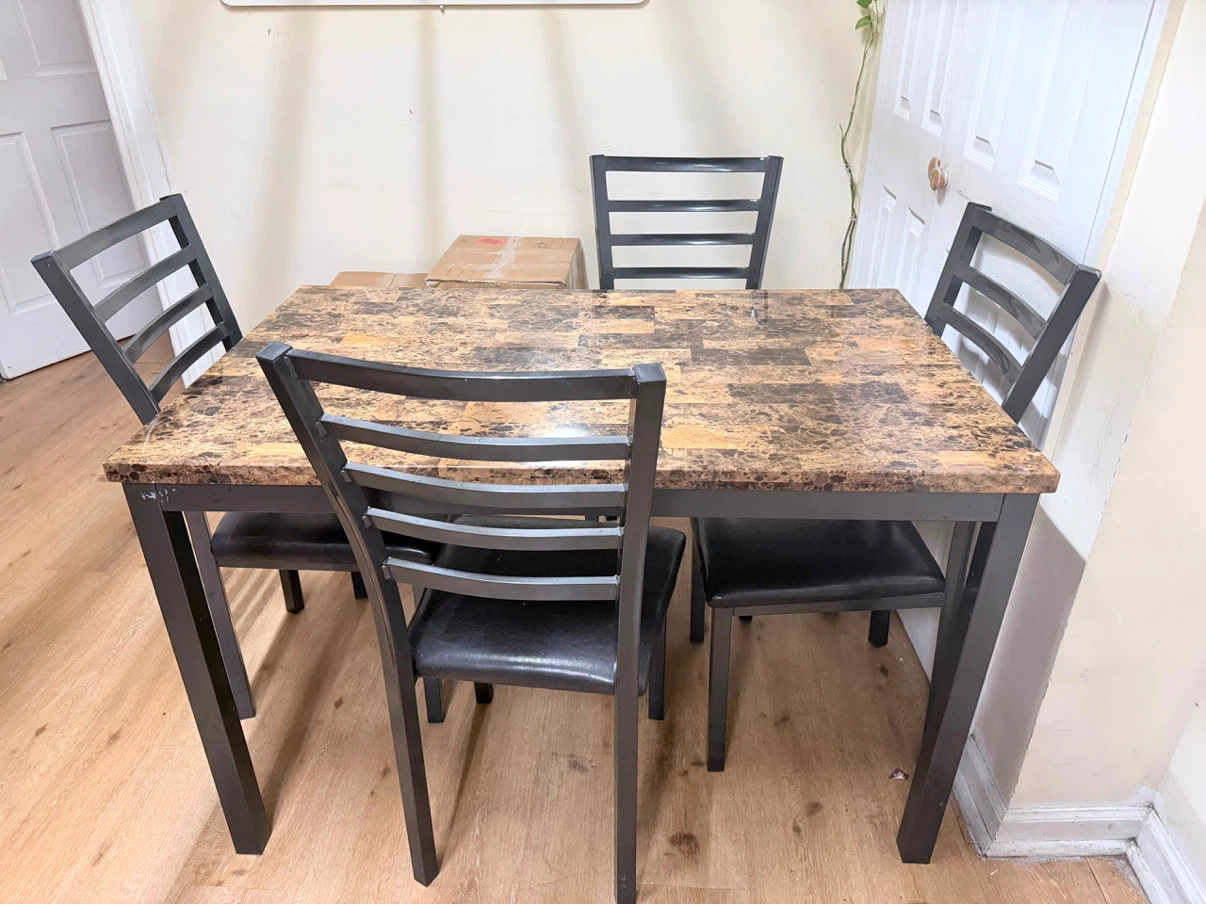 4-Piece Dining Set with Marble-Look Table and Black Chairs