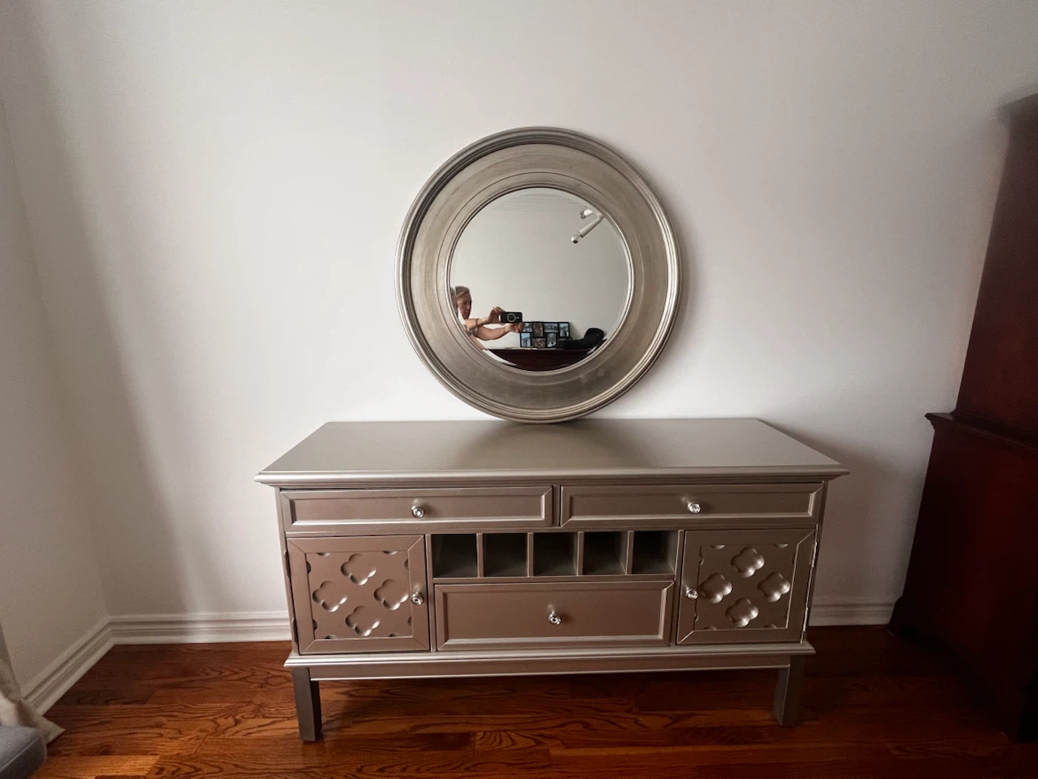 Silver Grey Buffet Sideboard with Round Bevelled Mirror
