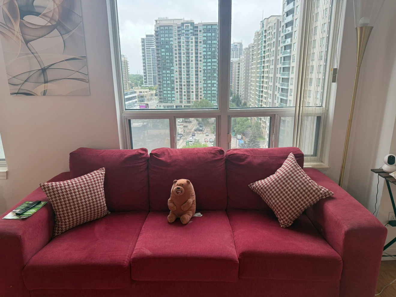 Red 3-Seater Sofa with Throw Pillows