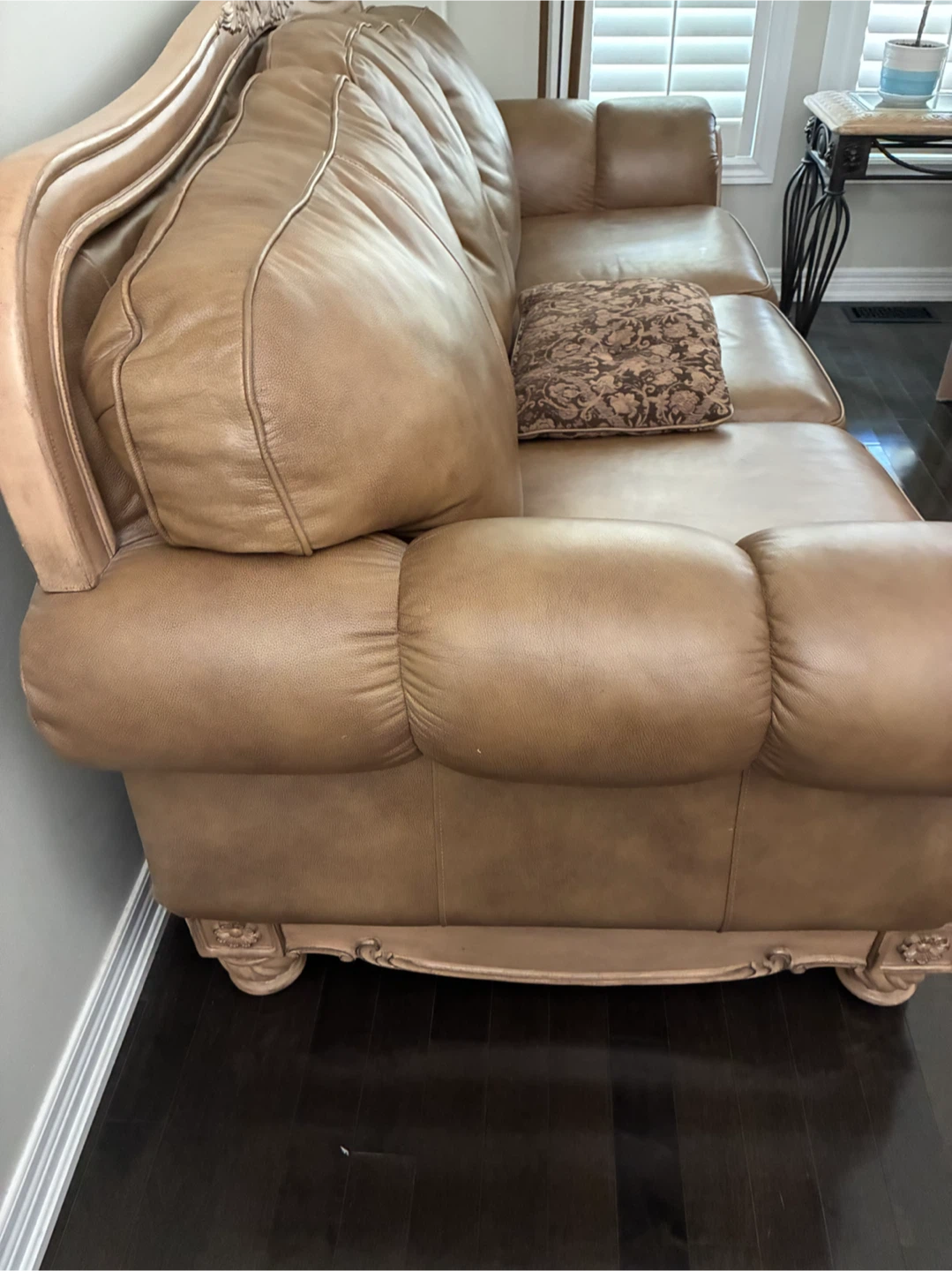 Ashley Brown Leather Sofa with Ornate Carvings - photo 2
