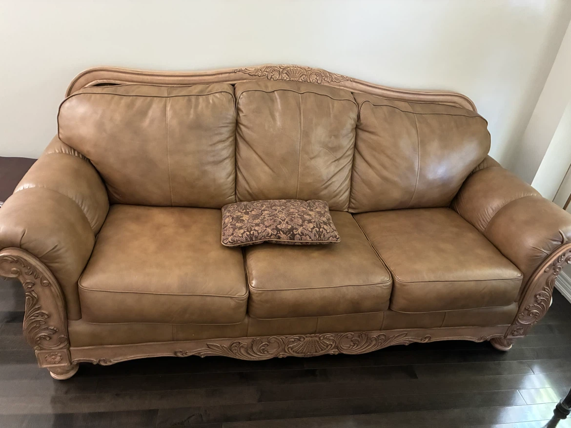 Ashley Brown Leather Sofa with Ornate Carvings - photo 3