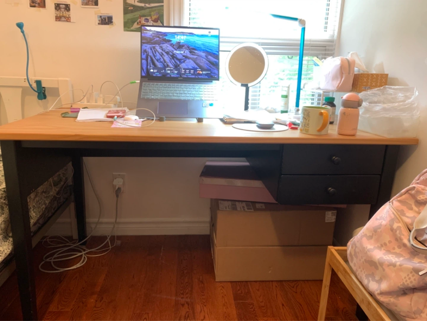 Ikea Arkelstorp Desk with Two Drawers Wood and Black Metal