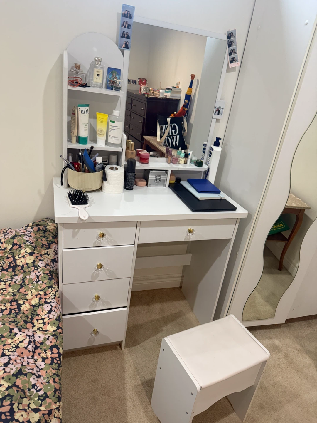White Vanity Desk with Mirror and Stool