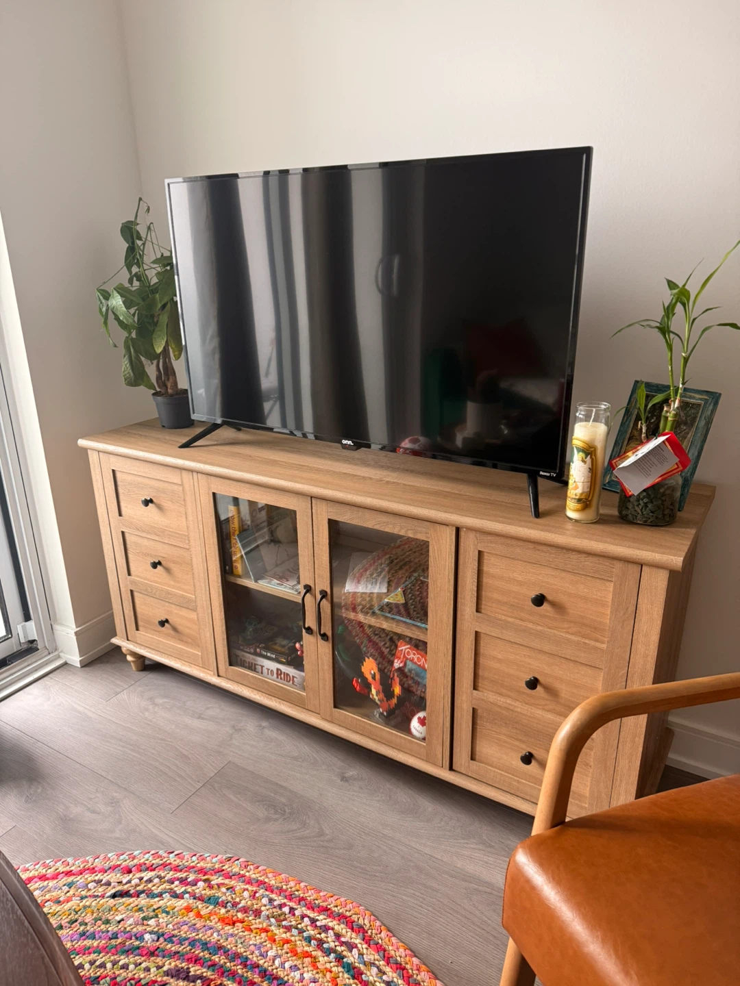 Light Oak TV Stand with Glass Doors