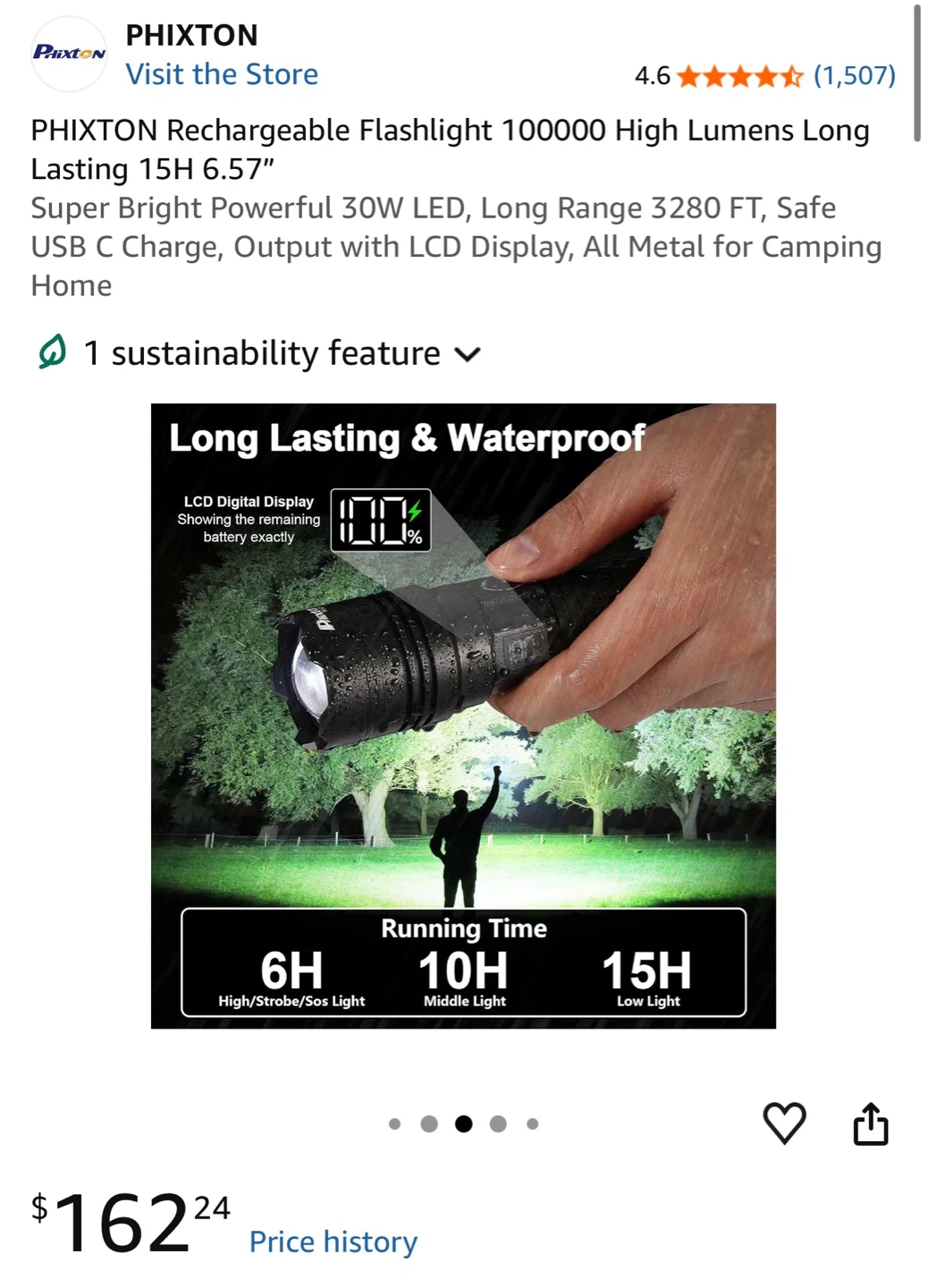 PHIXTON Rechargeable LED Flashlight with 100000
