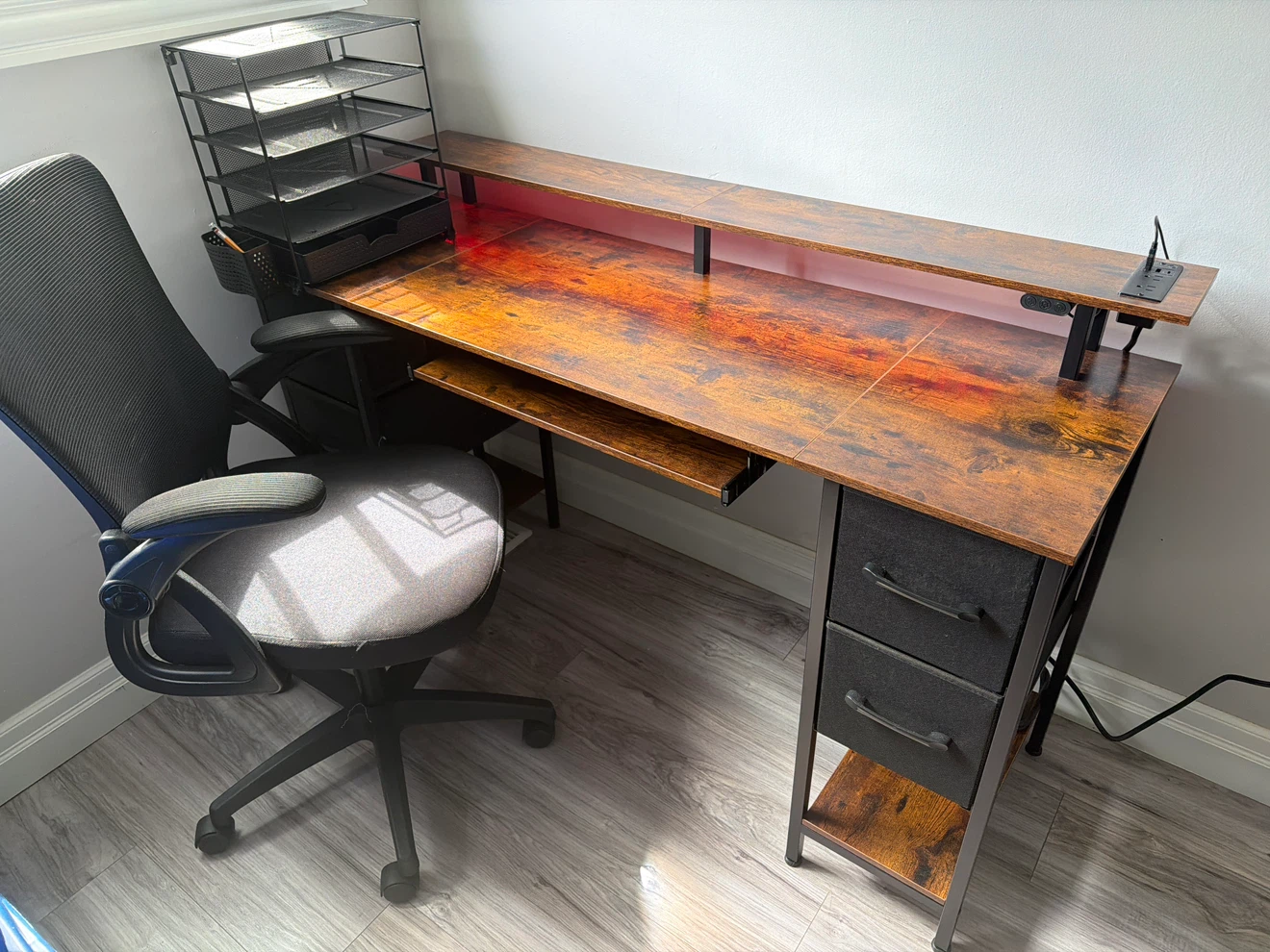 Rustic Wood Computer Desk with Monitor Stand and Power Strip