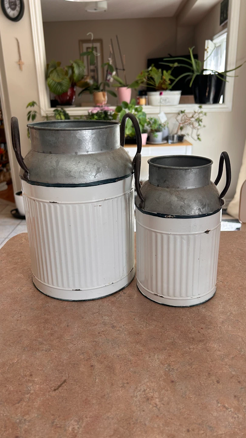 Set of 2 White Metal Milk Can Vases