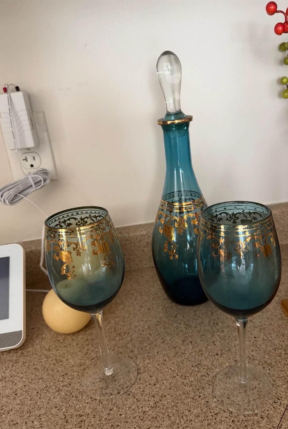 Teal Glass Decanter and Wine Glasses Set with Gold Detail