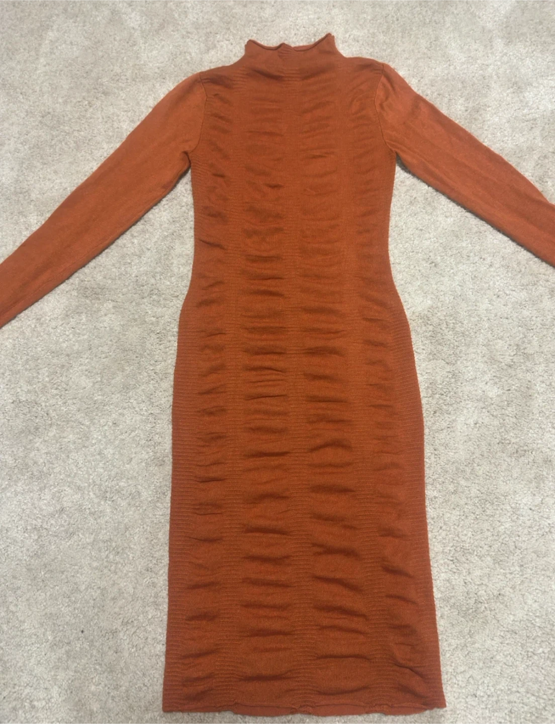 Orange Ribbed Turtleneck Long Sleeve Dress