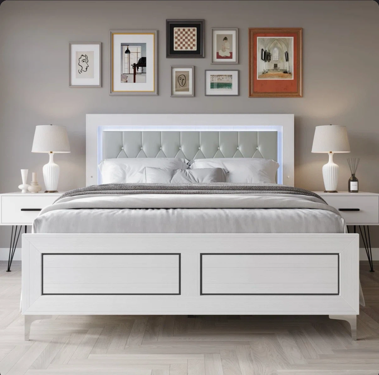 White Tufted Upholstered Bed Frame with LED Headboard