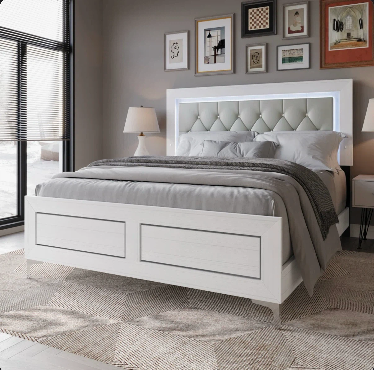 White Tufted Upholstered Bed Frame with LED Headboard - photo 2