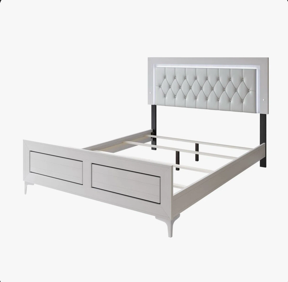White Tufted Upholstered Bed Frame with LED Headboard - photo 3