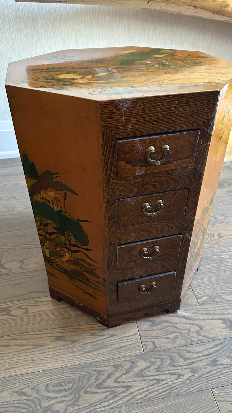 Vintage Hexagonal Side Table with Painted Scene
