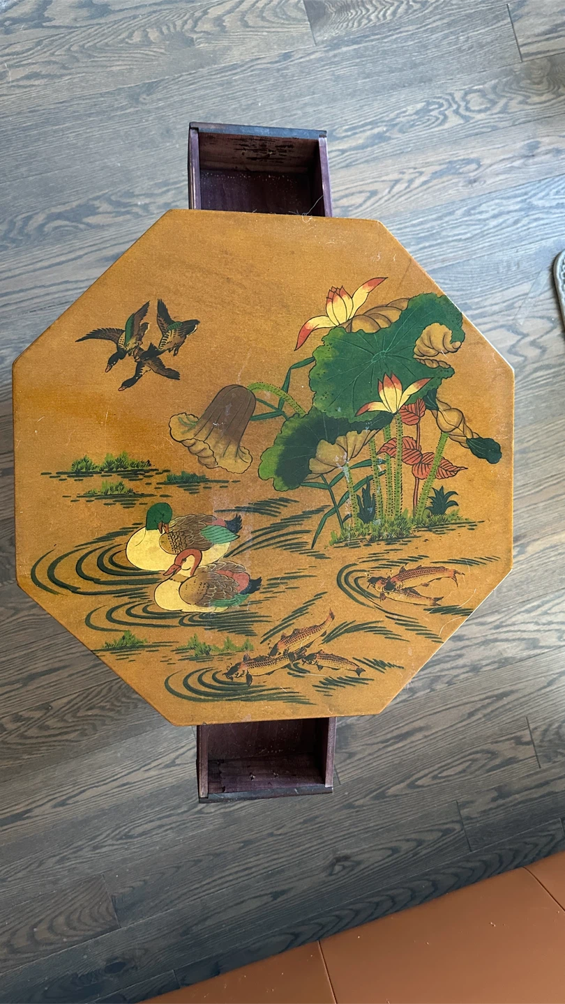 Vintage Hexagonal Side Table with Painted Scene - photo 3