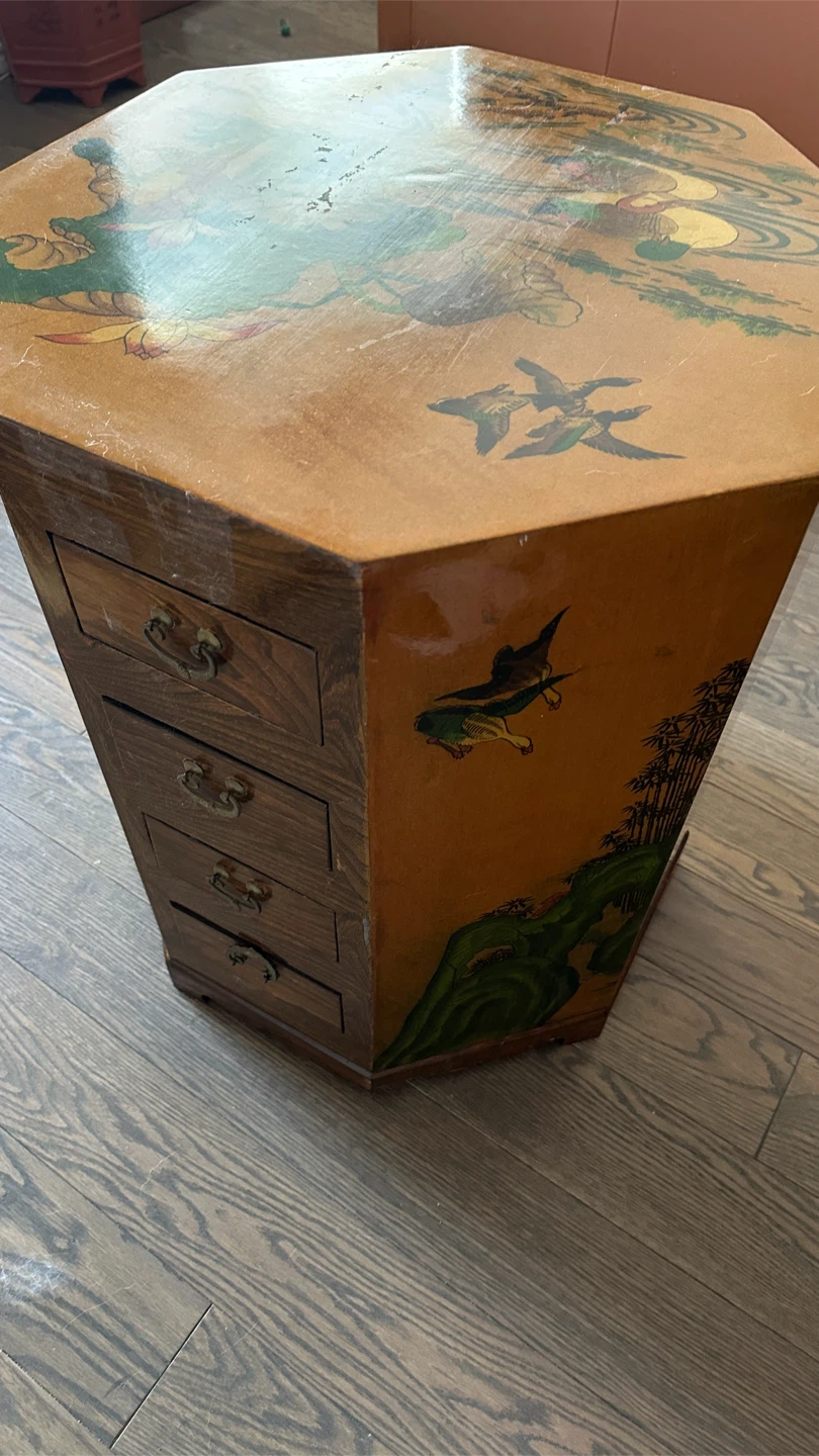 Vintage Hexagonal Side Table with Painted Scene - photo 4