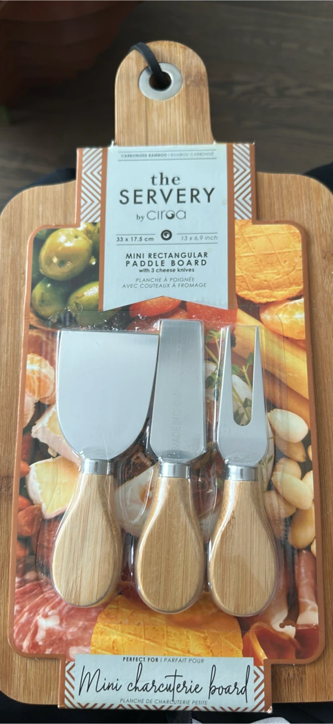 The Servery Mini Rectangular Paddle Board with 3 Cheese Knives