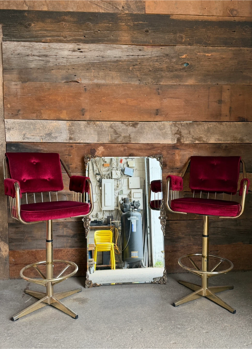 Vintage Wine Velvet & Brass Swivel Bar Stools – Pair
