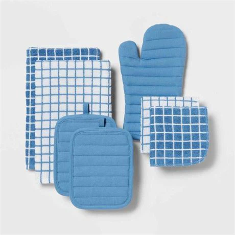 Room Essentials 7 Pieces Cotton Kitchen Textile Set Blue