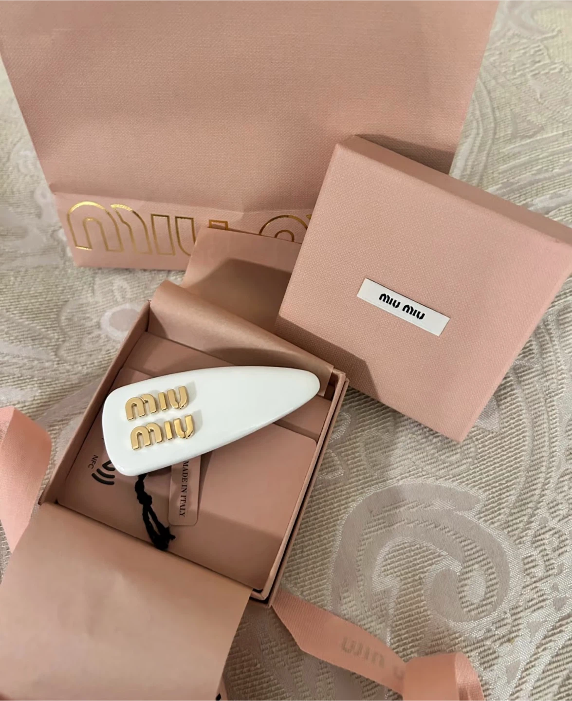 Miu Miu White Hair Clip with Gold Logo