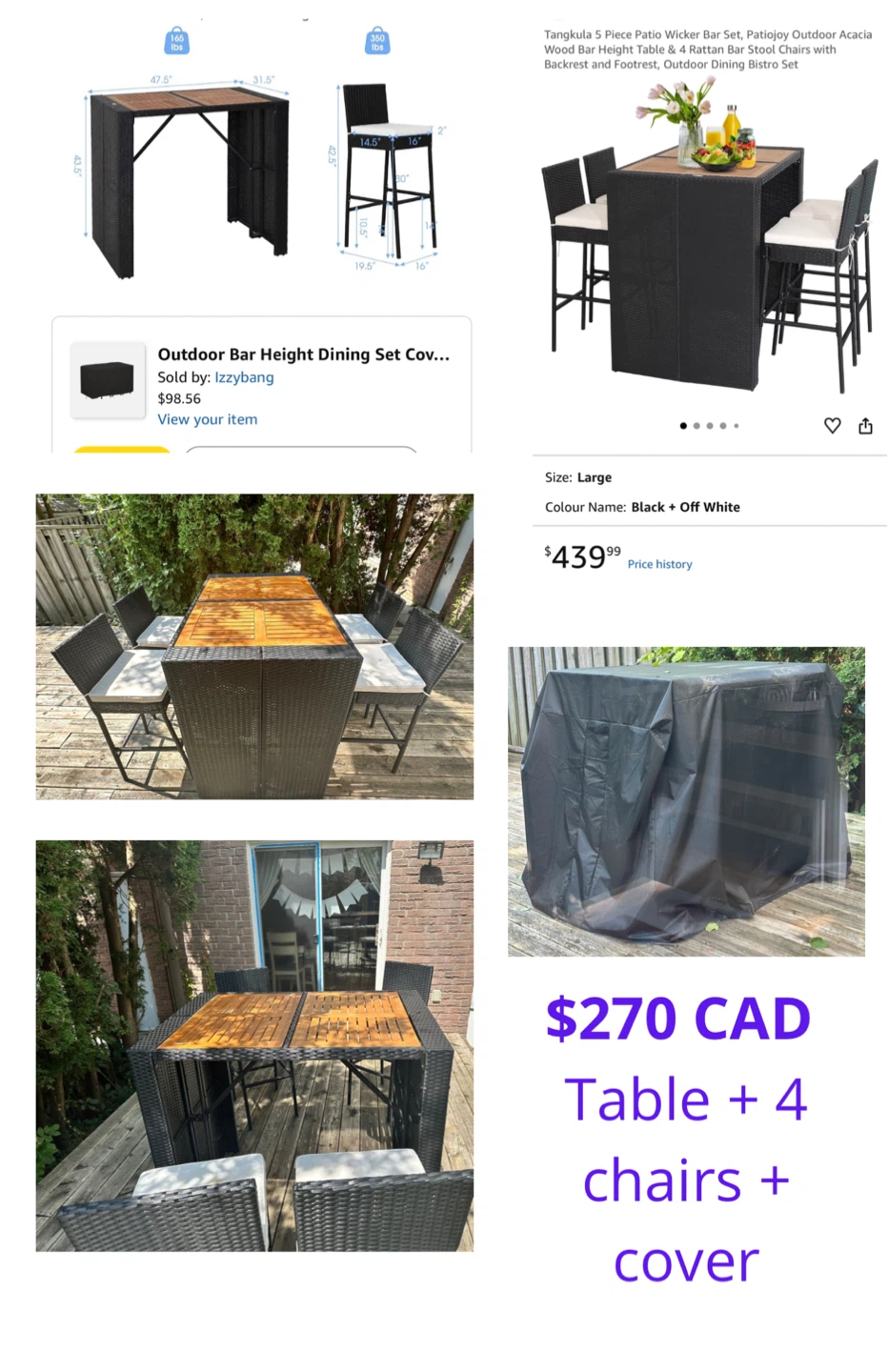 Outdoor Bar Height Dining Set - Table, 4 Chairs + Cover