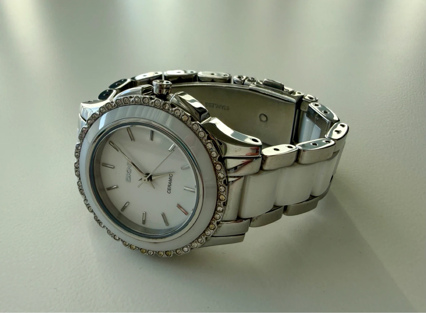 DKNY White Ceramic Watch with Crystal Bezel