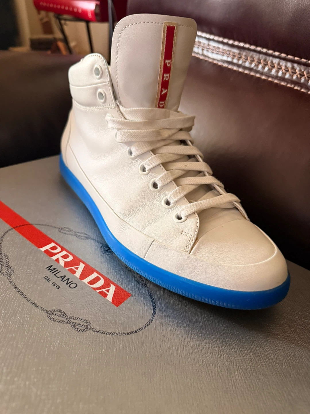 Prada High-Top Sneakers White/Blue Sole Men’s 8 US Like New