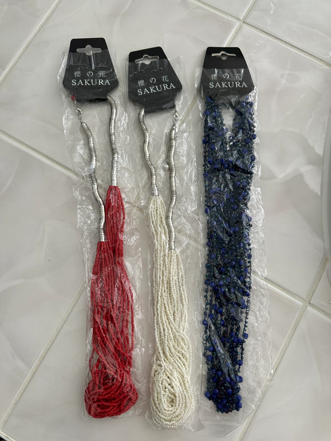 SAKURA beaded necklaces - red, white, & royal blue