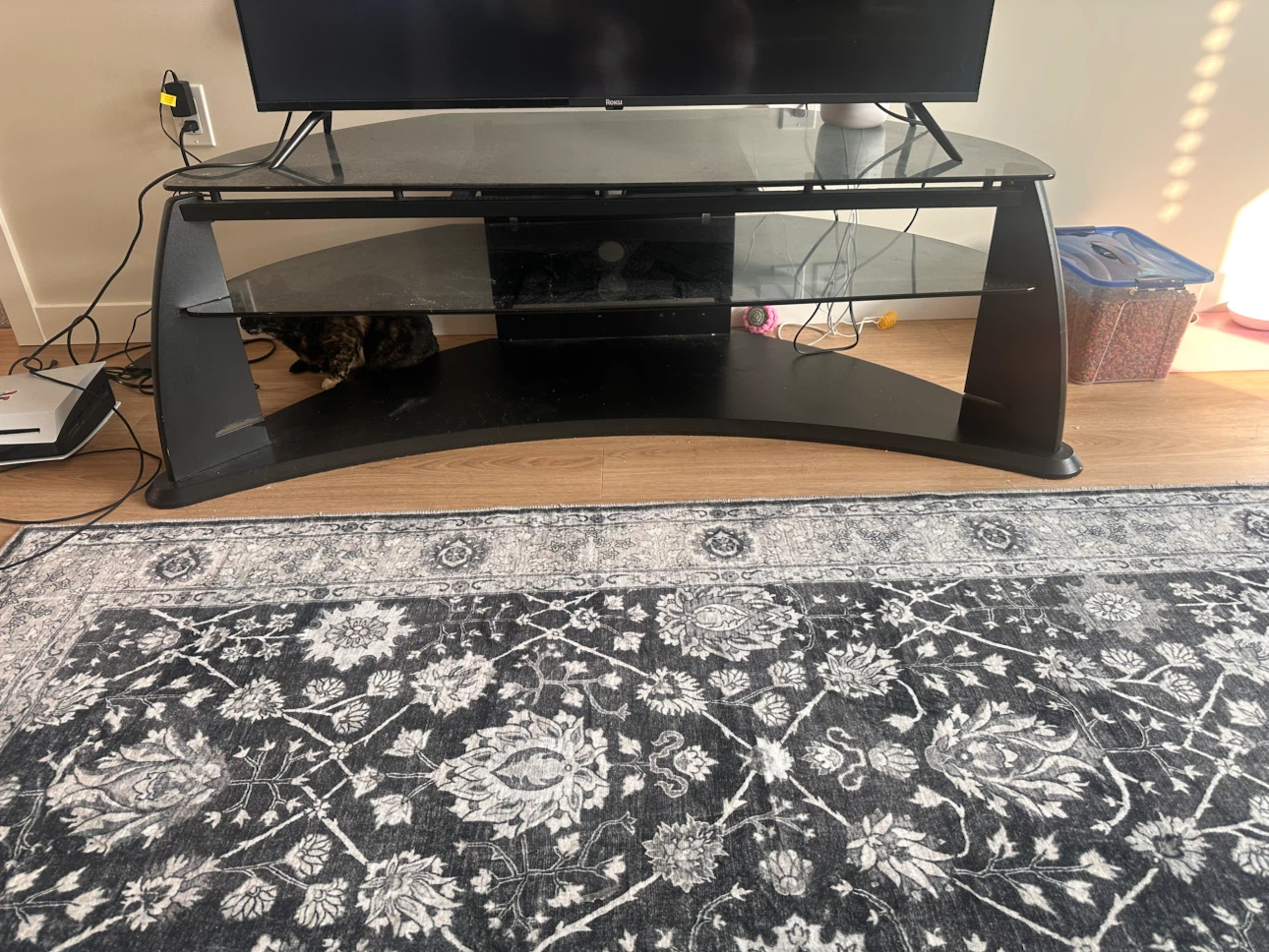 Black TV Stand with Glass Shelves