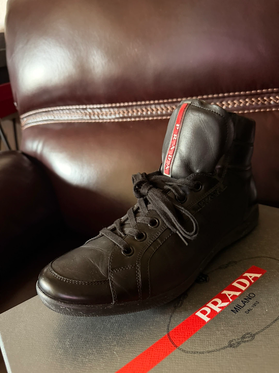 Prada Black Leather High Top Sneakers Men’s 9.5 US NIB