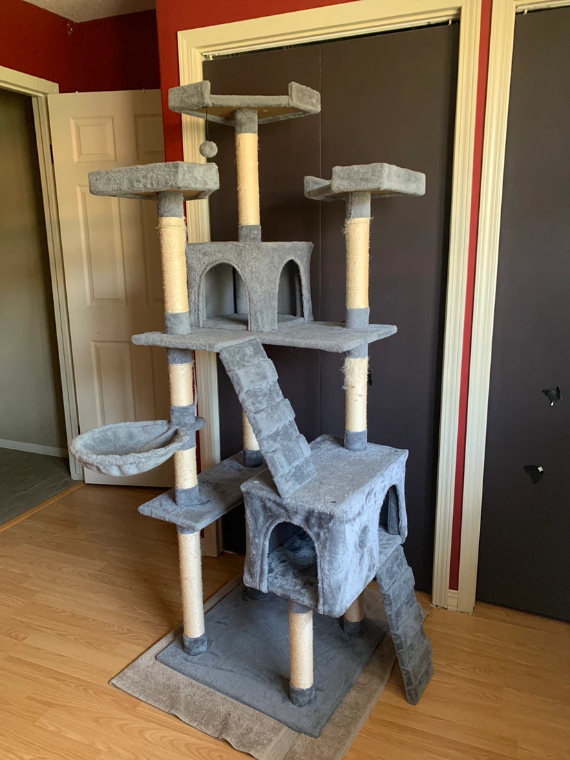 Grey Cat Tree Condo with Hammock and Scratching Posts