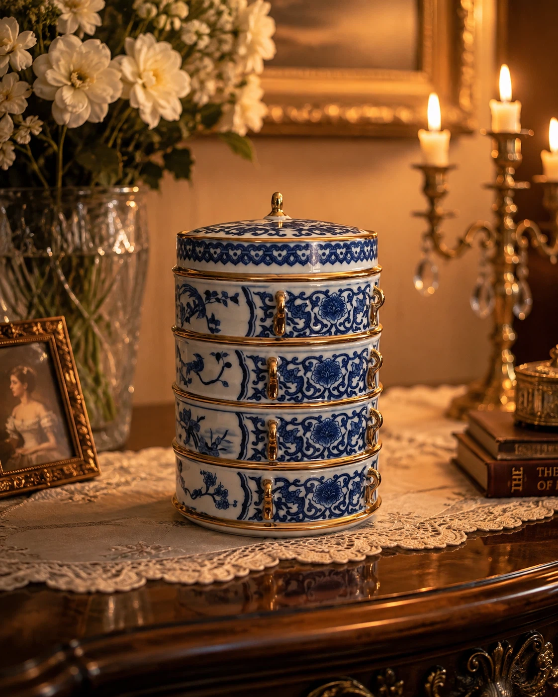 Blue and White Porcelain Tiered Storage Box