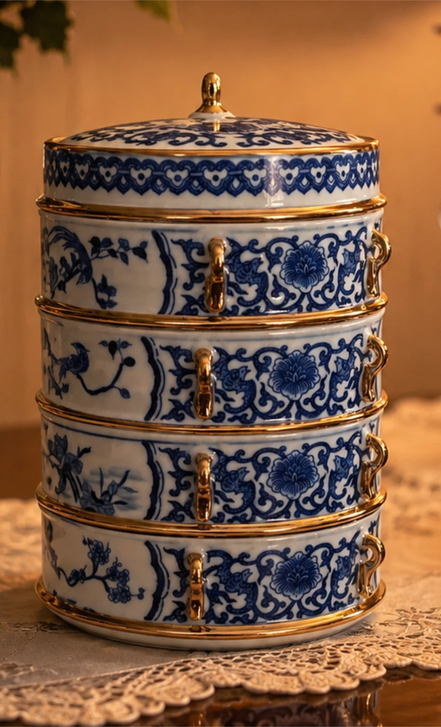 Blue and White Porcelain Tiered Storage Box - photo 2