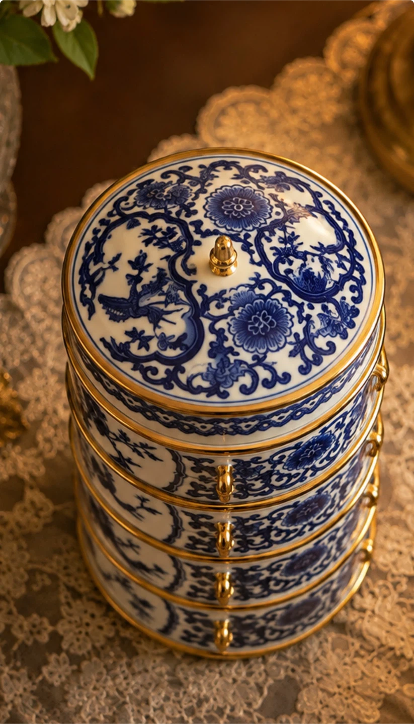Blue and White Porcelain Tiered Storage Box - photo 3