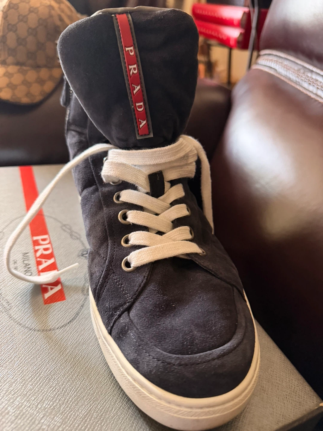 Prada Navy Suede High-Top Sneakers Men’s Size 10 US EUC - photo 2