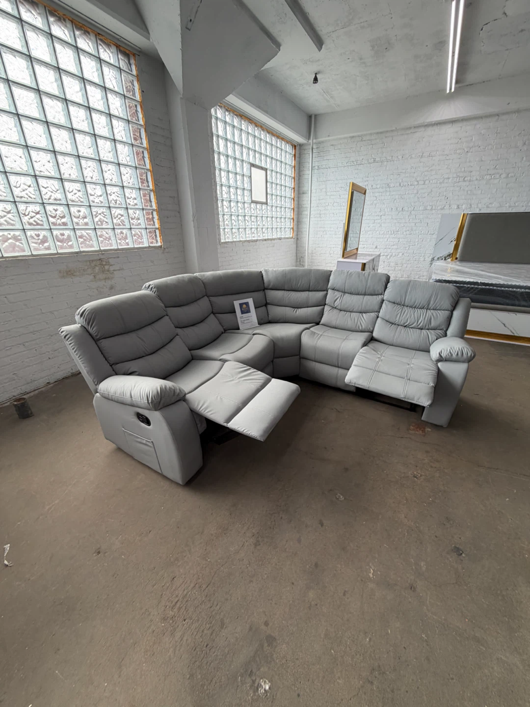 Grey Leather Reclining Sectional Sofa